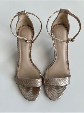 COACH Metallic Snake Skin Ankle Strap Heels